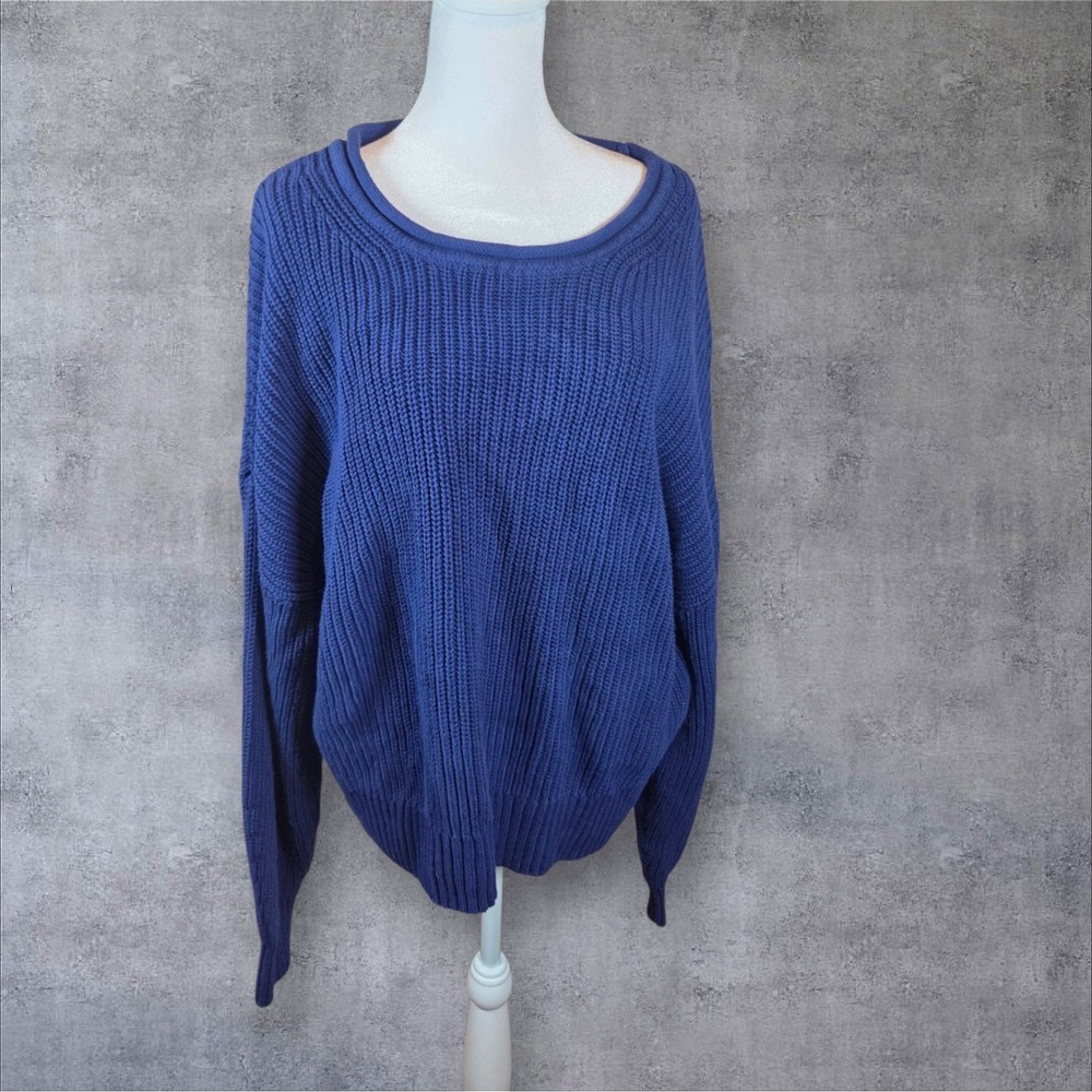 Gap Womens Blue Chunky Ribbed Knit Pullover Sweater Size Large Crew Neck Relaxed